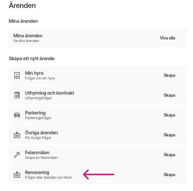 Ny kategori i ärendemenyn Renoveringar