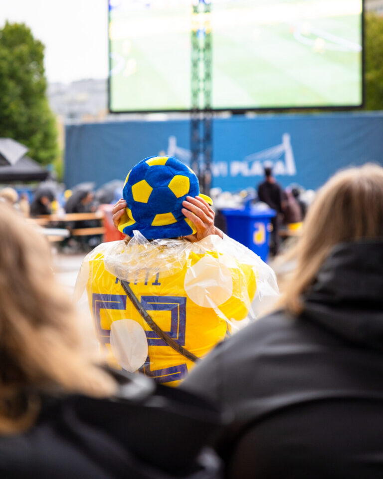 Fotbollssupporter med gul-blåa Sverigekläder och hatt på huvudet.