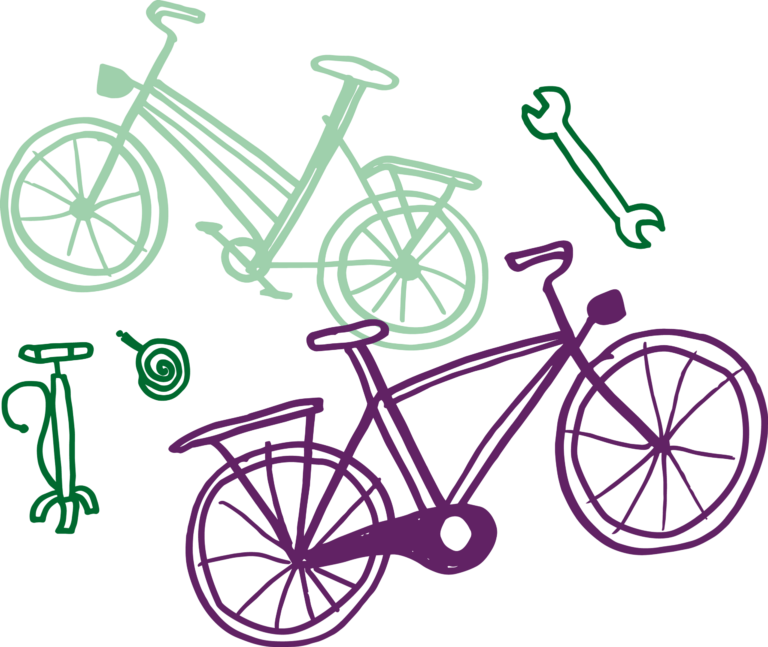 Illustration av ett par cyklar och cykelverktyg.