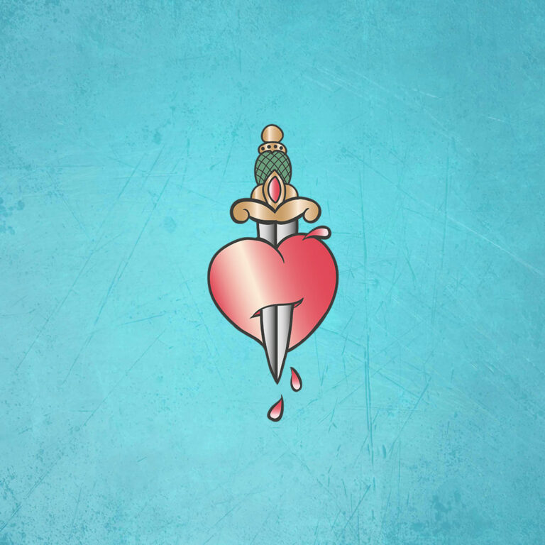 En illustration av en knniv genom ett hjärta, mot en turkos bakgrund.
