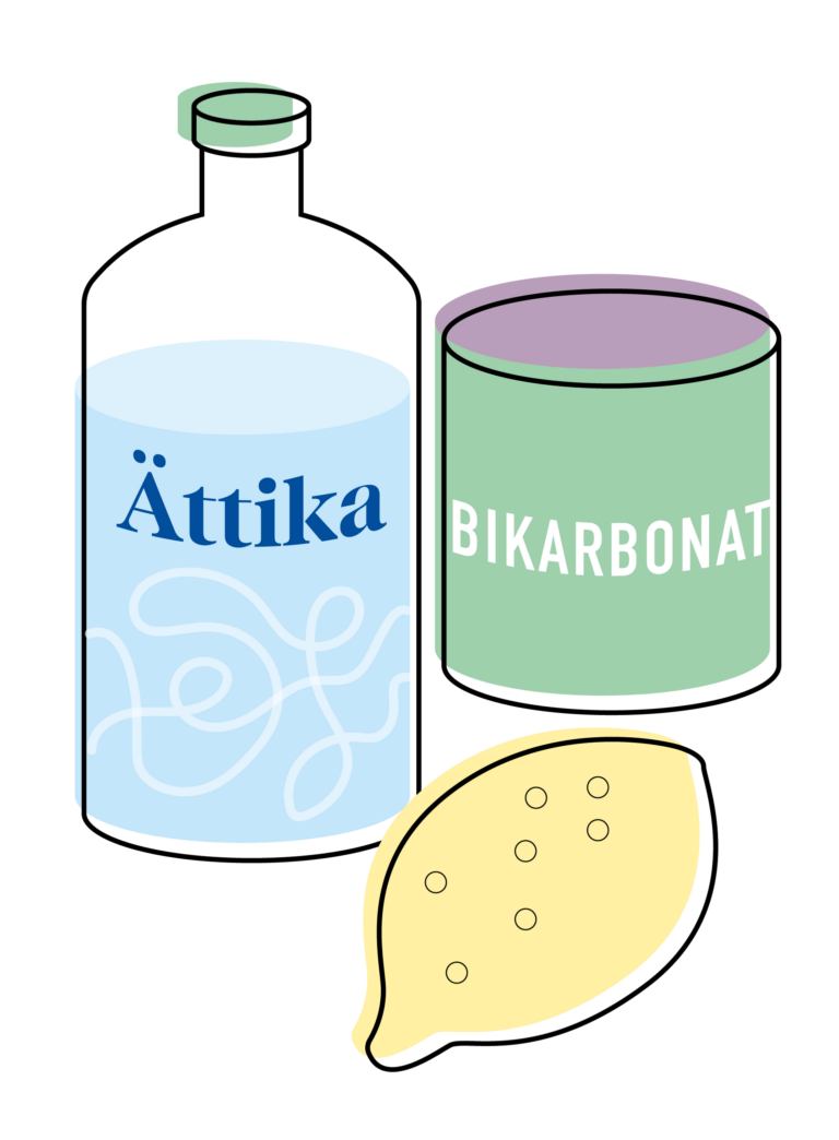 Illustration av en flaska ättika, bikarbonat och en citron.