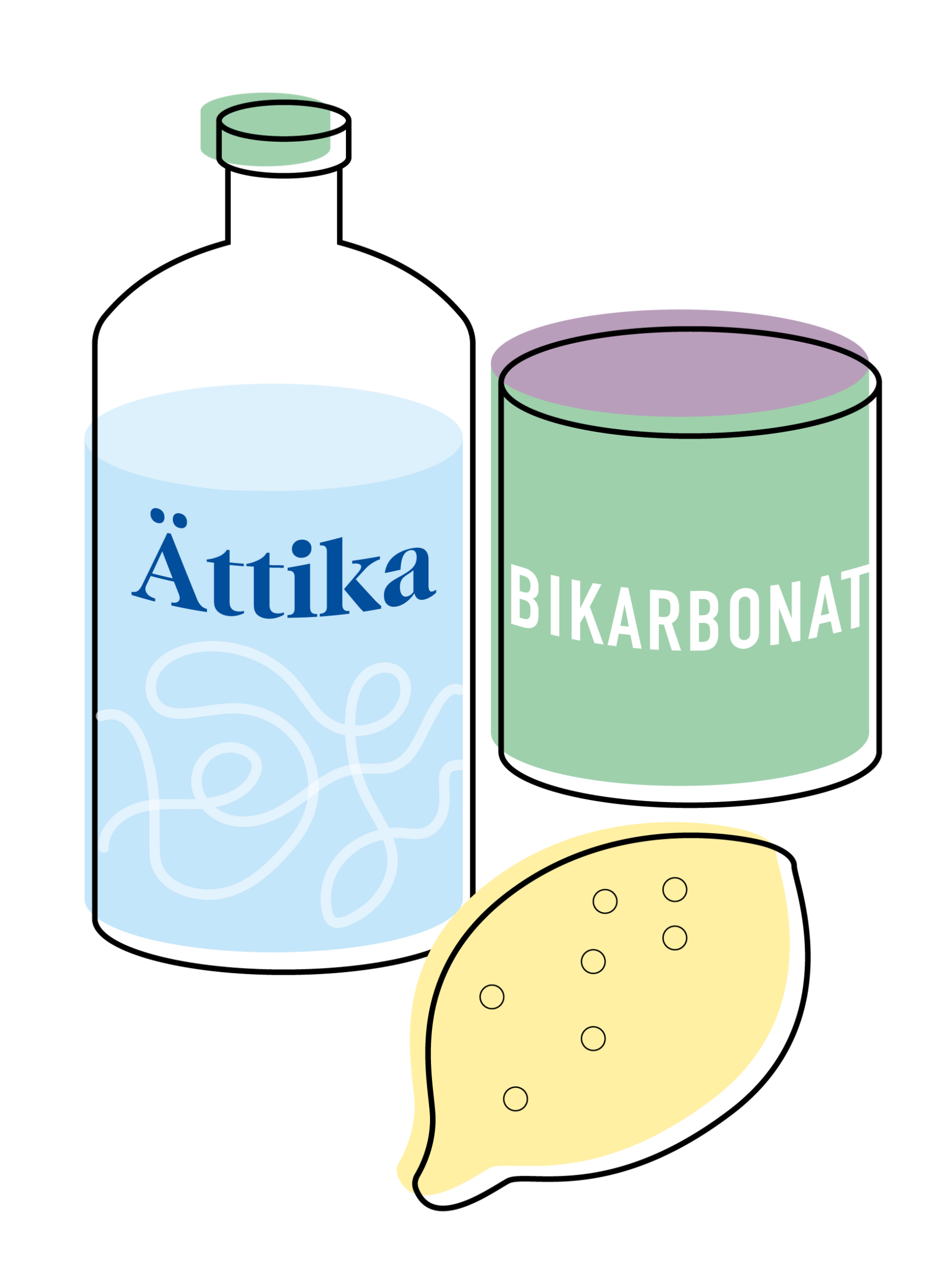 Illustration av en flaska ättika, bikarbonat och en citron.