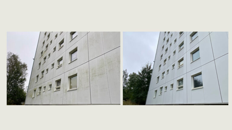 Två bilder sammansatta till en: en med en vit lägenhetsbyggnad med gröna fläckar, en där byggnaden är tvättad. 