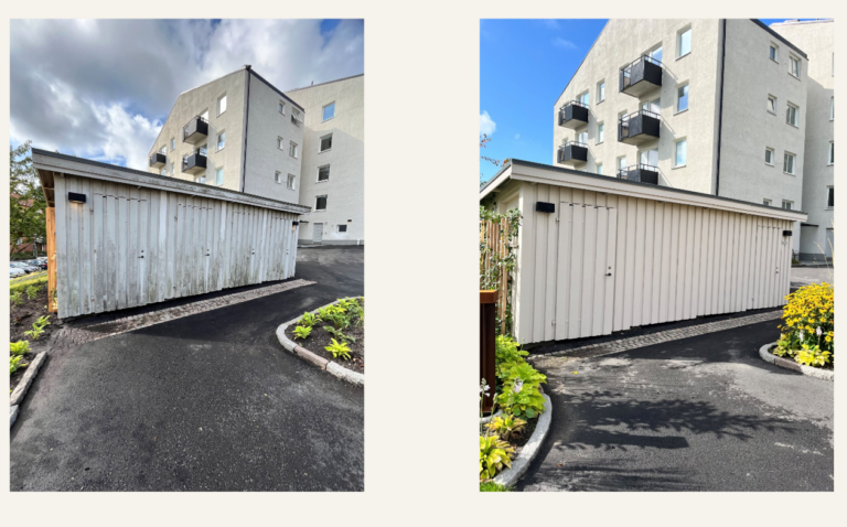 Två bilder sammansatta till en: en på ett slitet förråd, en där förrådet spacklats och målats vit. 
