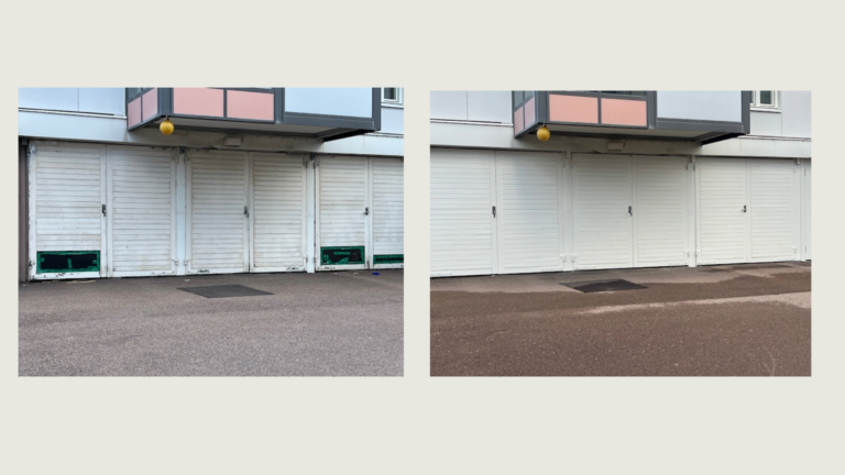 Två bilder sammansatta till en: en med en vit garagedörr med fläckar, en där dörren är tvättad. 
