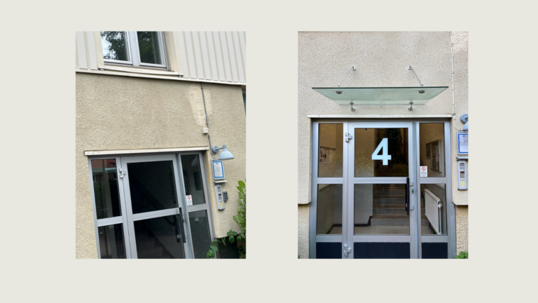 Ett collage av en lägenhetsport före och efter renovering. 