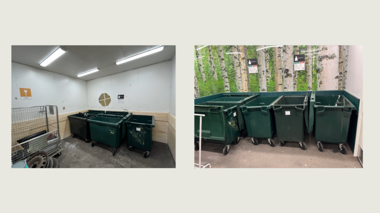 Ett collage som visar ett soprum före och efter renovering. 