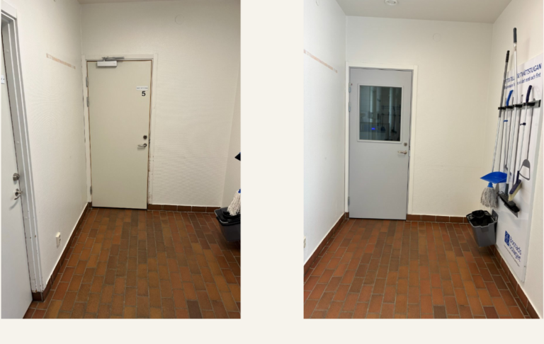 Två sammansatta bilder: en med en vit dörr, en där dörren målats blå. 