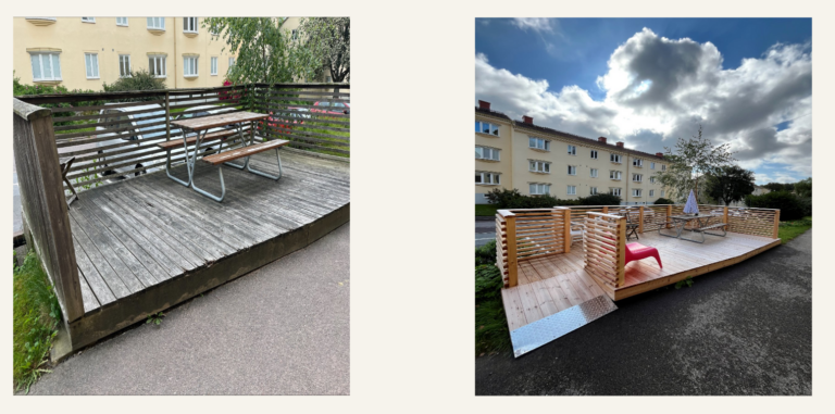 Två bilder sammansatta till en: en med en sliten träveranda, en där den byggts ut och fräschats upp genom ny färg och fler sittplatser. 