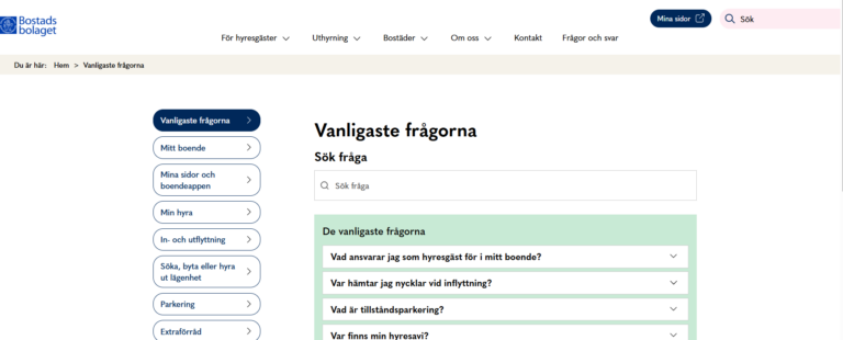 Skärmklipp av en webbsida där det står "Vanligaste frågorna" som rubrik.