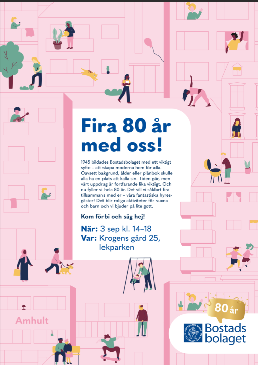 Bild på själva inbjudan som är rosa i bakgrunden med en massa människor som rör sig ute och gör olika saker. I mitten är det en text med rubriken "Fira 80 år med oss". Själva texten i bilden finns med i nyhetsartikeln.