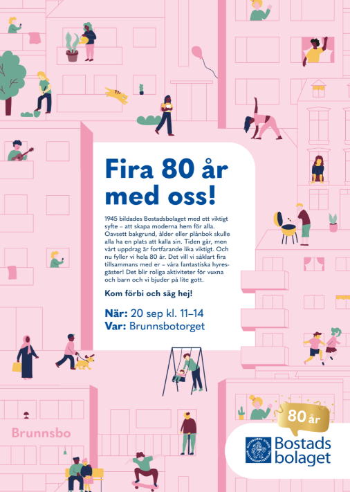 Bild på själva inbjudan som är rosa i bakgrunden med en massa människor som rör sig ute och gör olika saker. I mitten är det en text med rubriken "Firan 80 år med oss". Själva texten i bilden finns med i nyhetsartikeln.