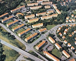 Ett flygfoto över Högsbo från förr i tiden.