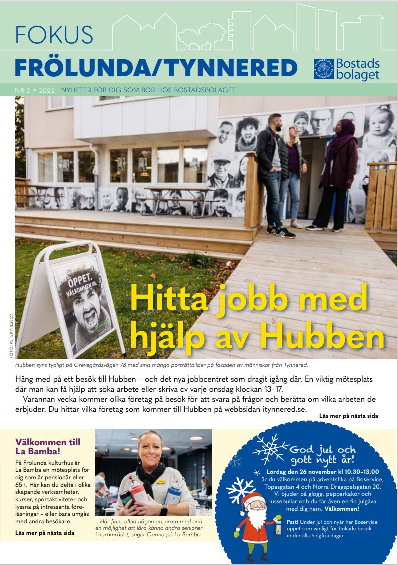 Framsida av tidningen Fokus Frölunda/Tynnered. På bilden syns en grupp människor framför ett hus.