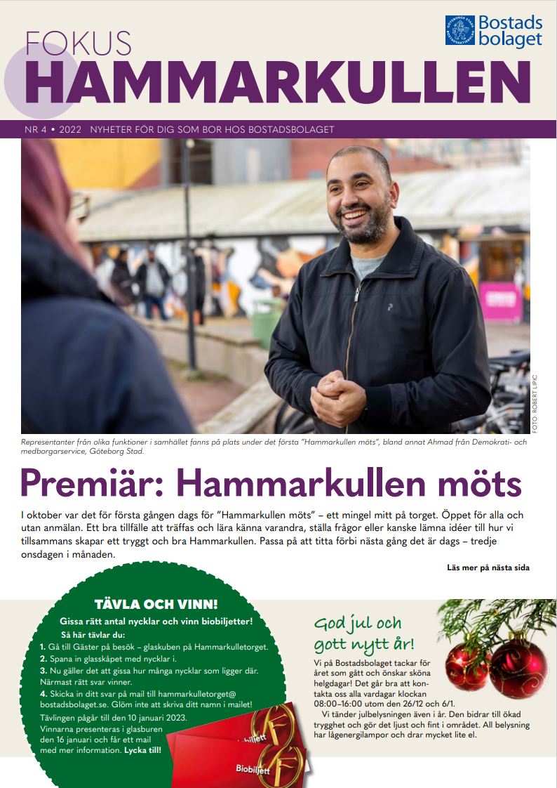 Framsida av tidningen Fokus Hammarkullen. På bilden syns en leende man.