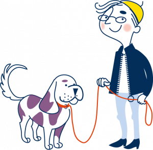 Illustration på en pojke med en hund i koppel