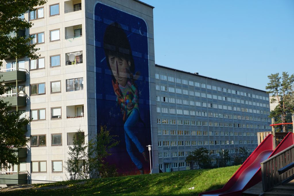 Översiktsbild över Hammarkullen. Närmast i bild är en fasadmålning och bortom den syns Bredfjällsgatan.
