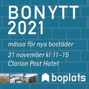 Text där det står Bonytt 2021 mässa för nya bostäder, 21 november kl. 11-15, Clarion Post Hotel
