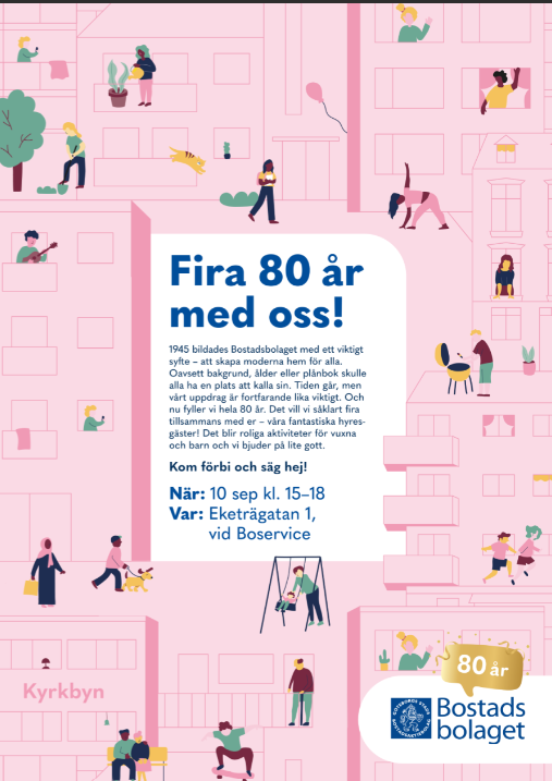 Bild på själva inbjudan som är rosa i bakgrunden med en massa människor som rör sig ute och gör olika saker. I mitten är det en text med rubriken "Firan 80 år med oss". Själva texten i bilden finns med i nyhetsartikeln.