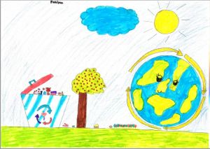En barnteckning föreställande jordklotet samt kretsloppssymboler.