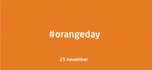 Text där det står #Orangeday, 25 november, på orange bakgrund