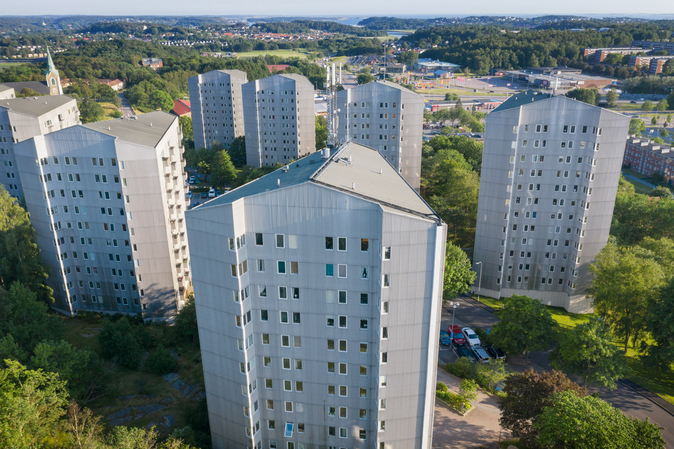 En drönarbild över Västra Järnbrott i Frölunda, Göteborg