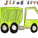 En barnteckning föreställande en grön sopbil.