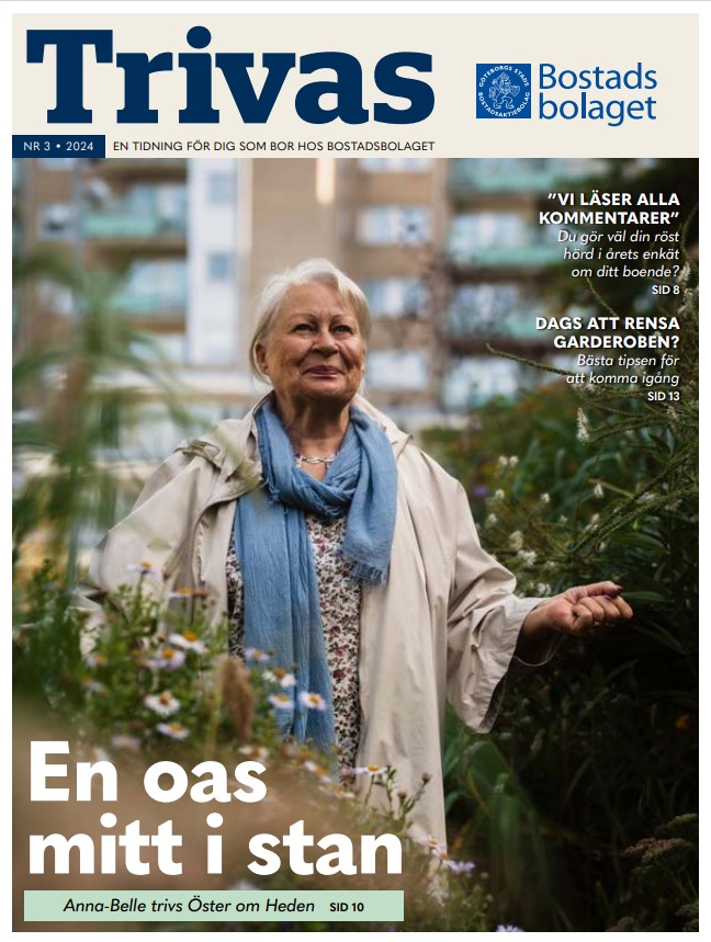 Hyresgästtidningen Trivas framsida. På bilden syns en äldre kvinna.