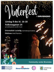 Affisch för Vinterfesten i Brunnsbo. Eldshow i mörkret.