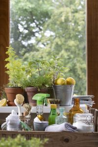 En samling av hållbara naturliga städprodukter i en trälåda i ett kök med plantor av färska örter och citroner.