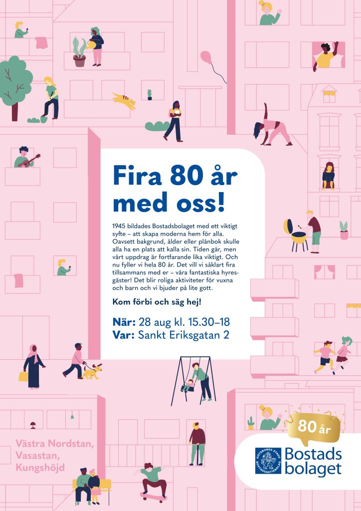 Bild på själva inbjudan som är rosa i bakgrunden med en massa människor som rör sig ute och gör olika saker. I mitten är det en text med rubriken "Fira 80 år med oss". Själva texten i bilden finns med i nyhetsartikeln.