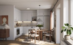 Illustrationsbild av kök. Köket är i ljusa färger med vitt kakel. Rummet är inrett med en rund matgrupp i trä.