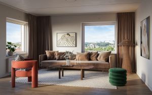 Illustrationsbild av vardagsrum, med beigea gardiner, beige soffa, vardagsrumsbord och fåtölj.