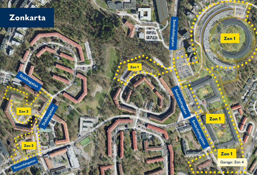 Karta över parkeringszoner i Roberthöjd, också specificerade i text i själva artikeln. 